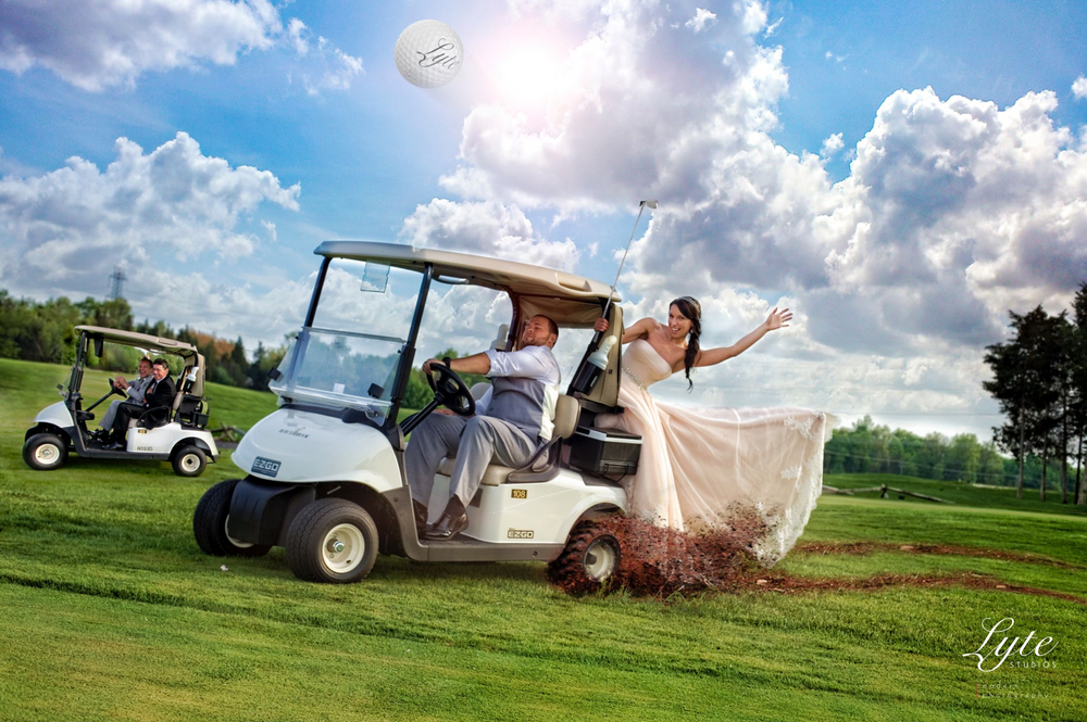 golf cart and wedding, in the style of photorealistic surrealism, vibrant, high-energy imagery, barbizon school