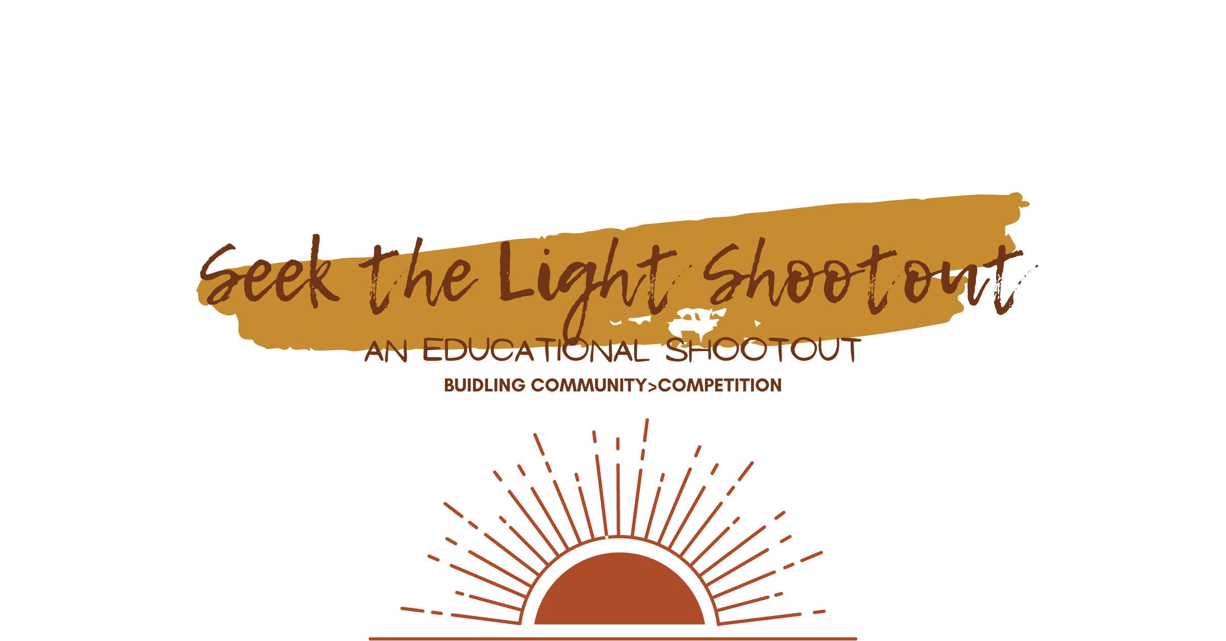 Marketing graphic for 'Seek the Light Shoot Out' with minimalist sun ray design on orange background.