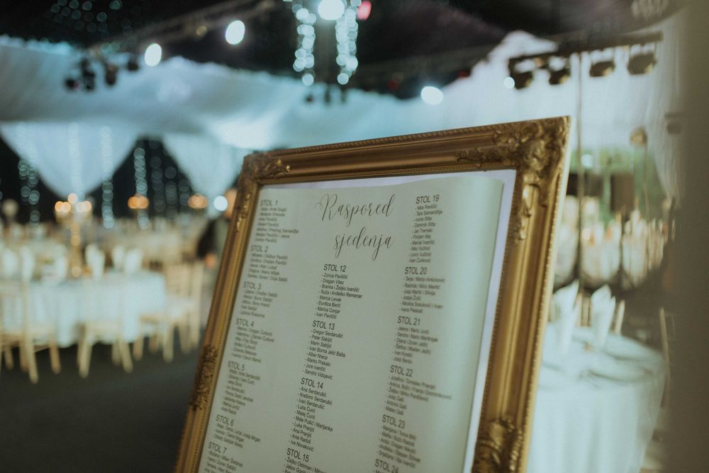 Elegantly framed seating chart display at a wedding reception with blurred background decor.
