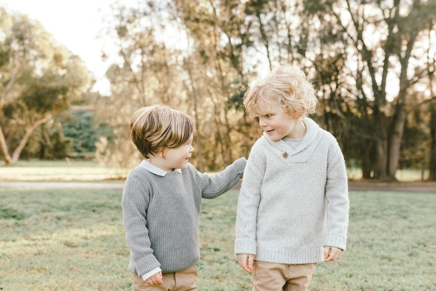 Children playing together in a sun-dappled field with eucalyptus trees in the background.