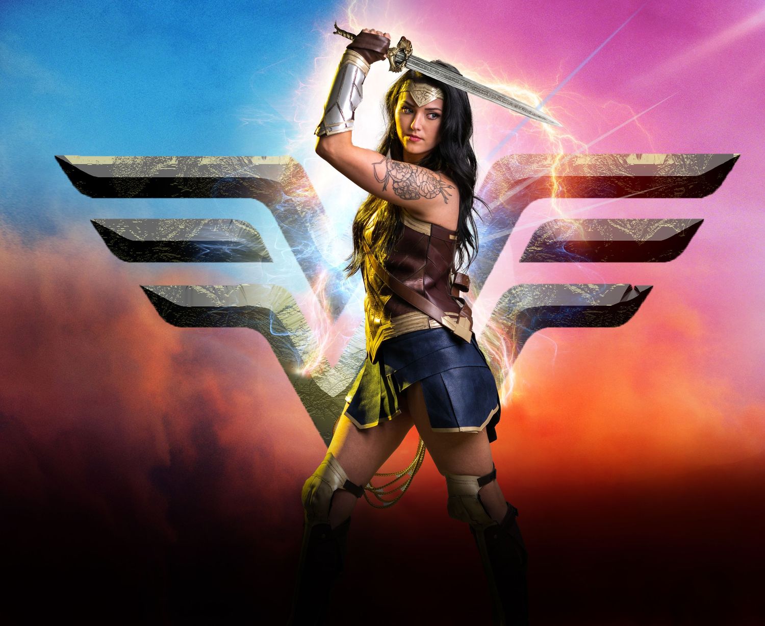 A fantasy warrior poses dramatically against a colorful sky background with metallic wing emblems.