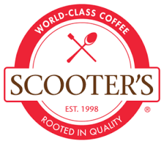 A red and white circular logo for Scooter's Coffee featuring crossed utensils and the text 'World-Class Coffee' since 1998.