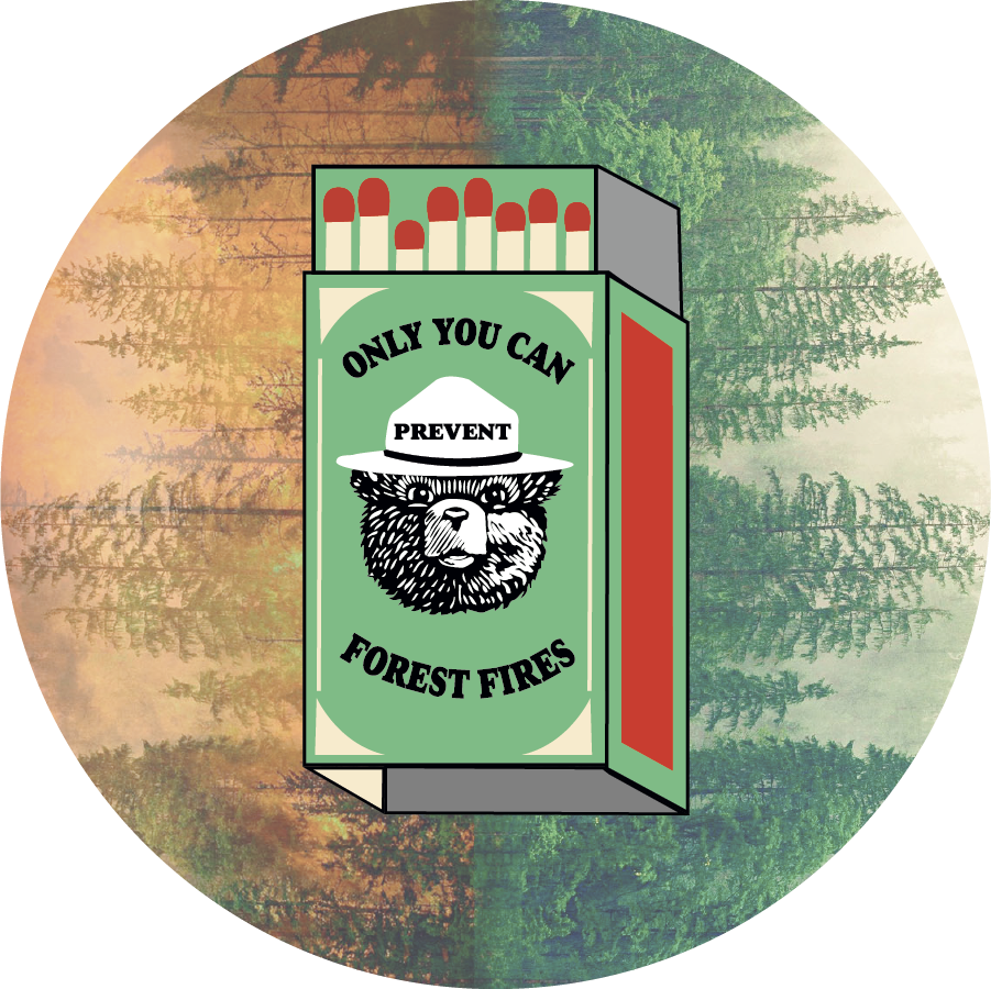 Illustrated Smokey Bear style matchbox design with forest fire prevention message on a textured background.