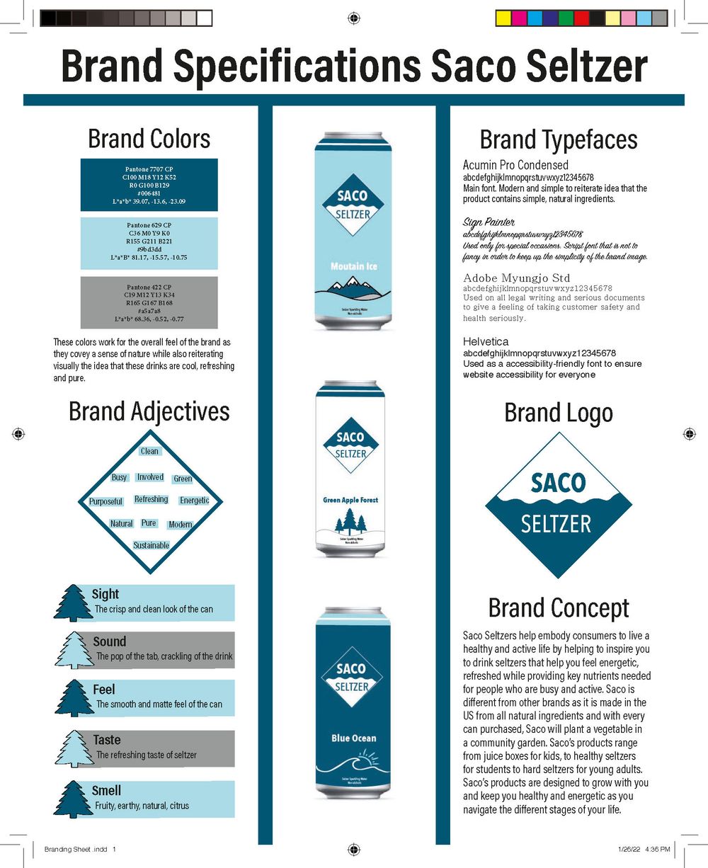Brand guidelines page showing color palette, typography, and packaging designs for Saco Seltzer.