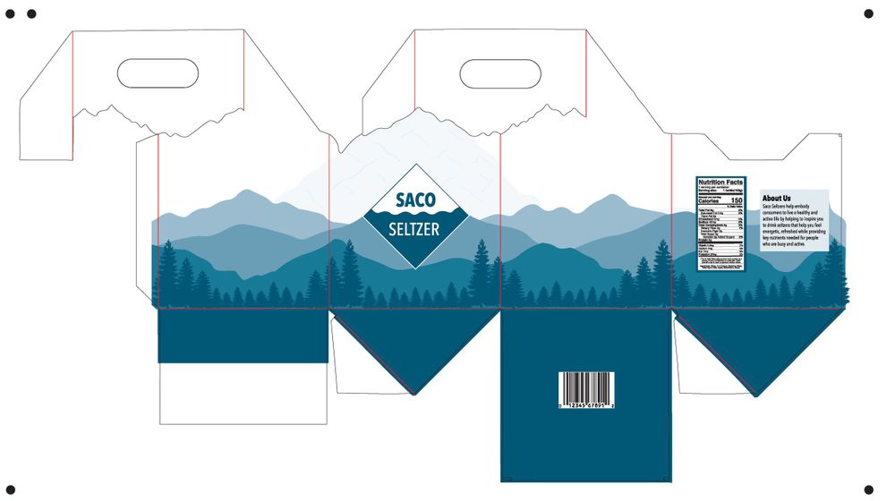 Blue mountain-themed packaging design template with geometric patterns.