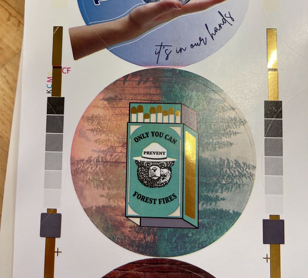 Artistic print featuring vintage-style cigarette pack design with color calibration bars.