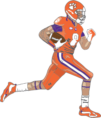 Illustration of a Clemson football player running with ball in orange and purple uniform.