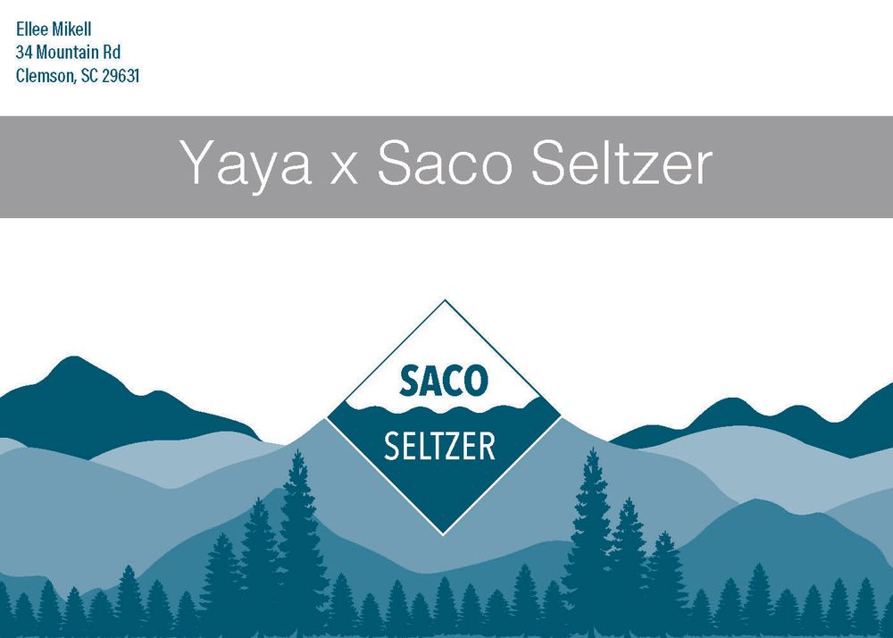 Mountain landscape design for Yaya x Saco Seltzer featuring blue tones and evergreen trees.