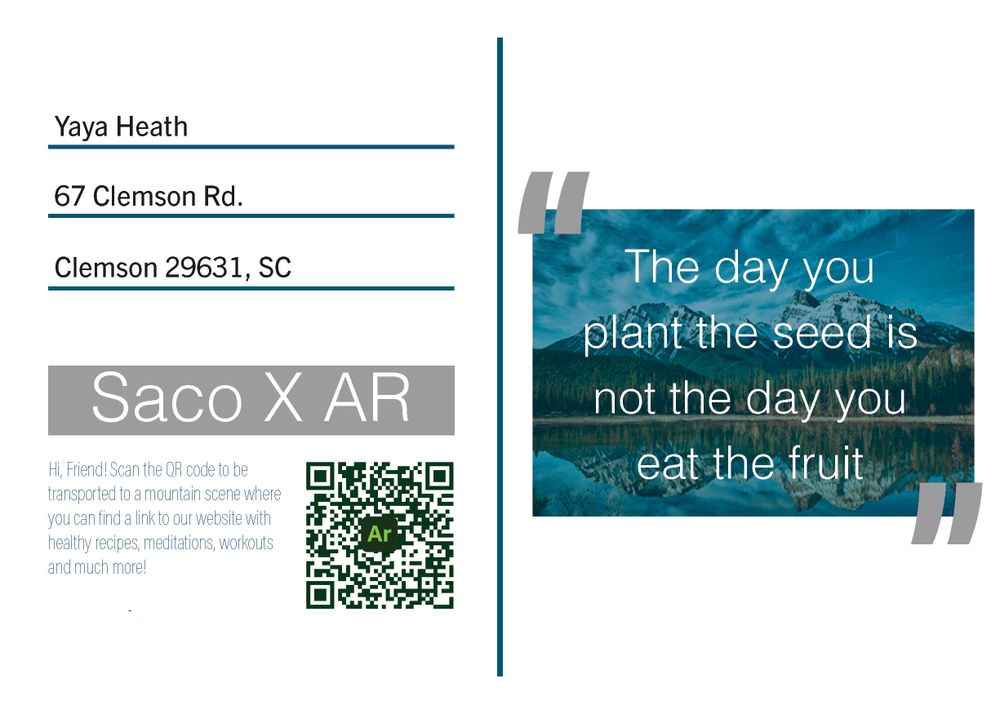 Business card design with QR code and inspirational quote about planting seeds.
