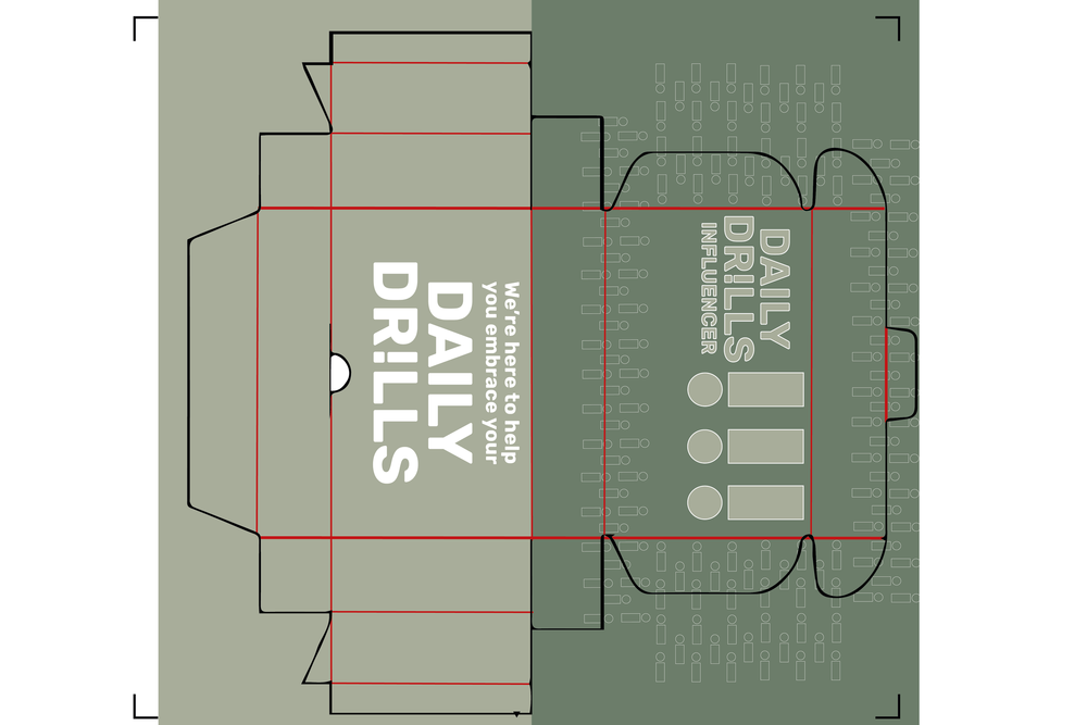 Technical dieline template for Daily Drills packaging design in green monochromatic style.