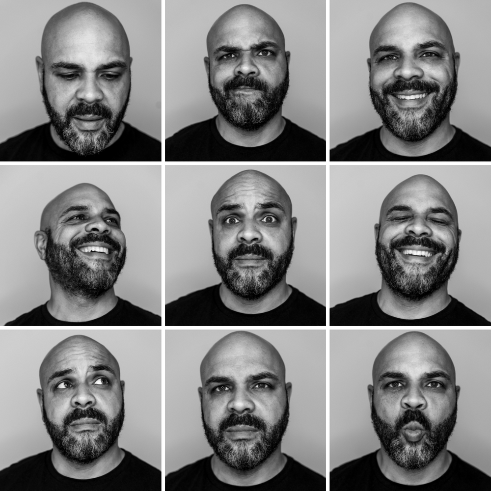 Black and white portrait grid showing various expressions and emotions in studio lighting.