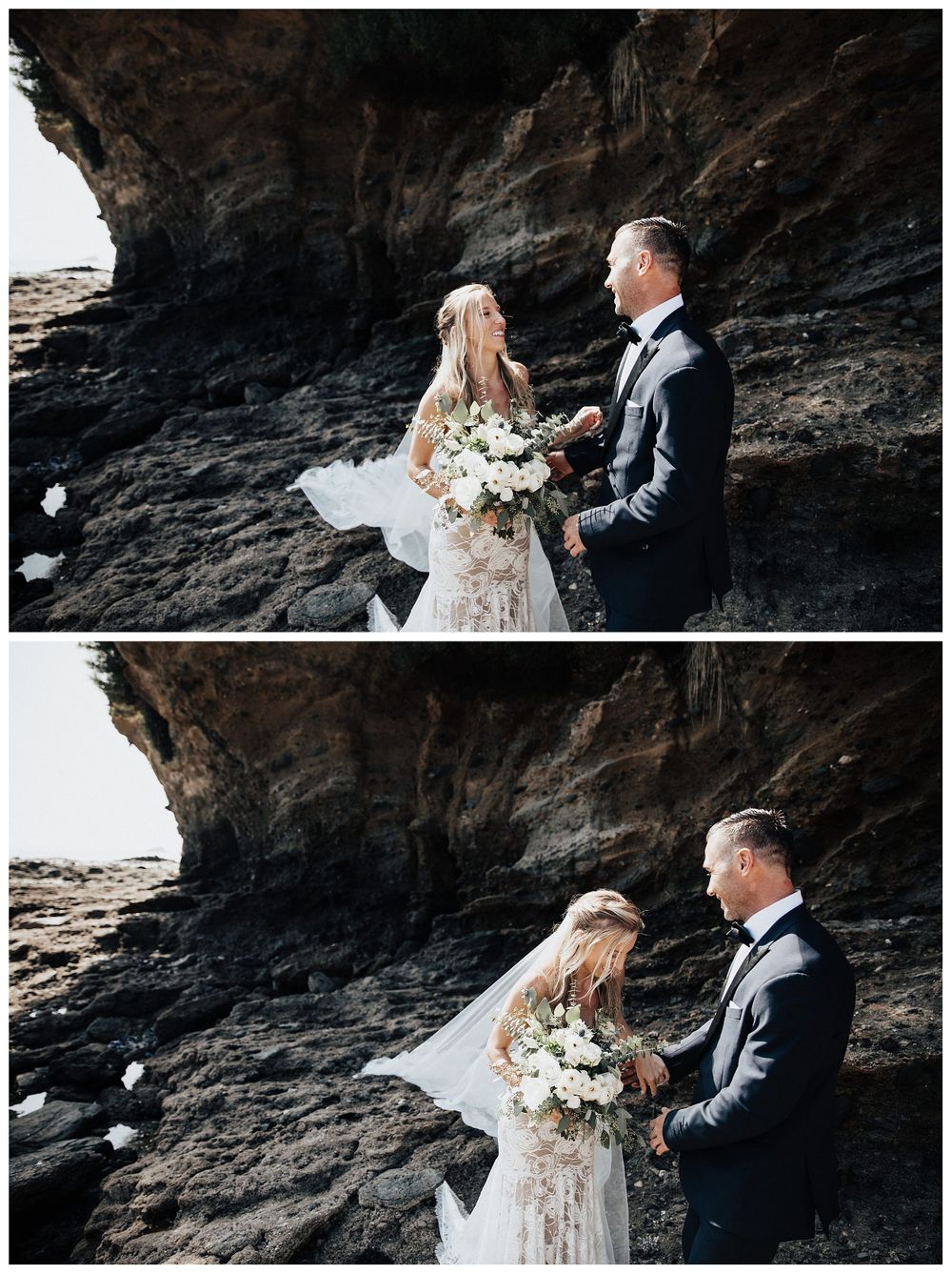 bride and groom on beach, beach elopement photos, sunset beach elopement photos