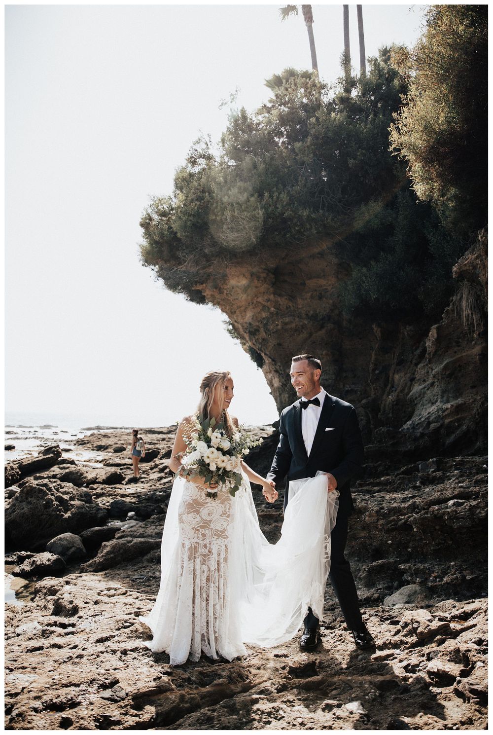 bride and groom on beach, beach elopement photos, sunset beach elopement photos