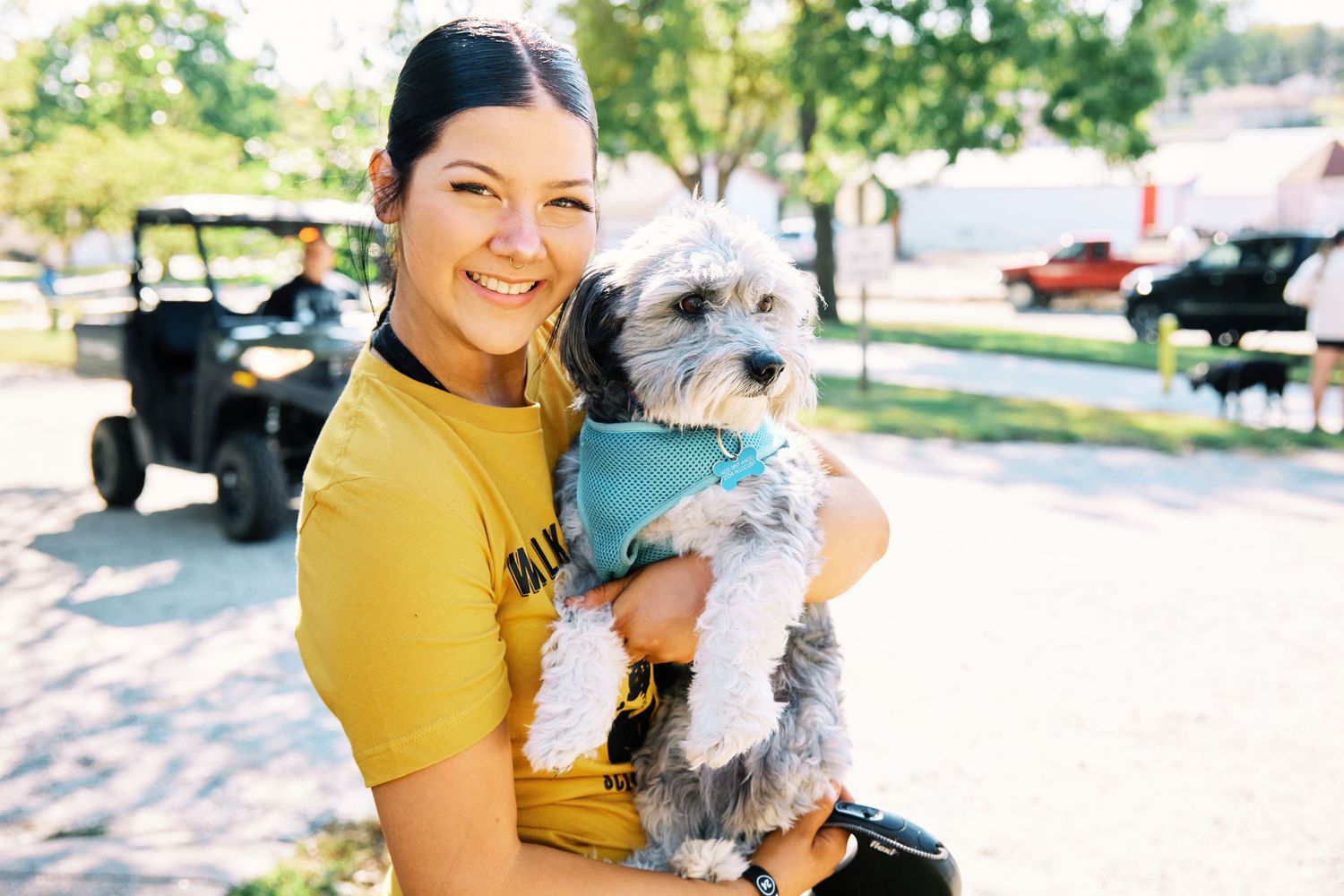 Small dogs being held and photographed outdoors in natural lighting.