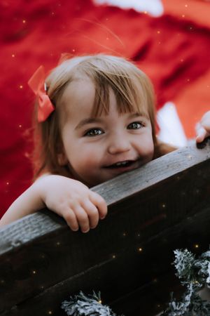 Close-up holiday portraits with wooden bench and silver tinsel decorations.