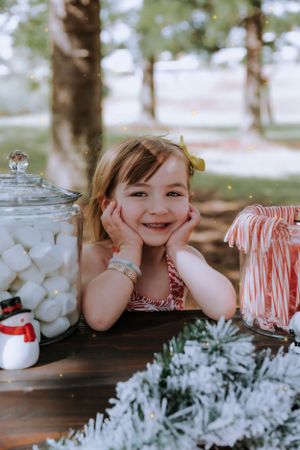 Christmas themed setup with marshmallows and candy canes on rustic wooden table.