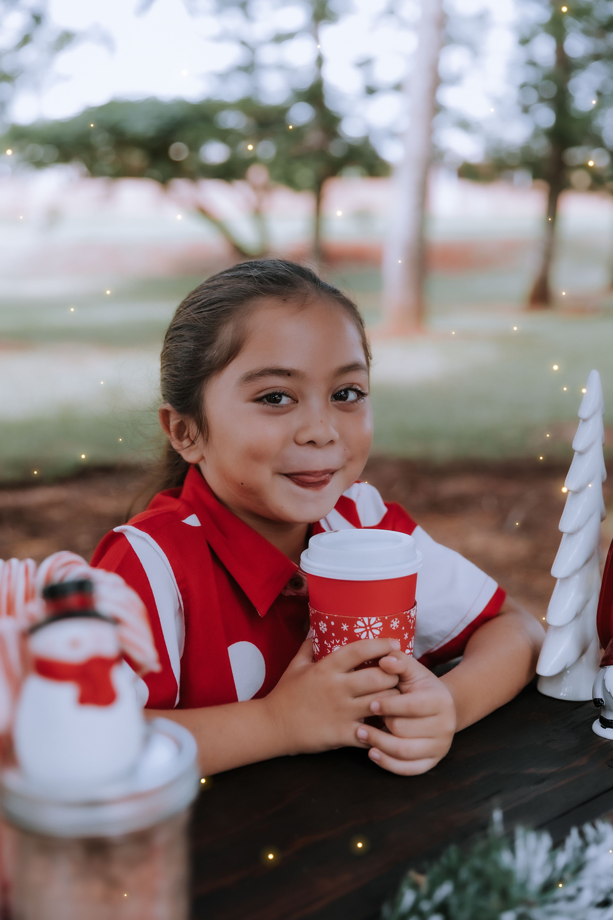 Hot cocoa stand with festive holiday decorations and treats.