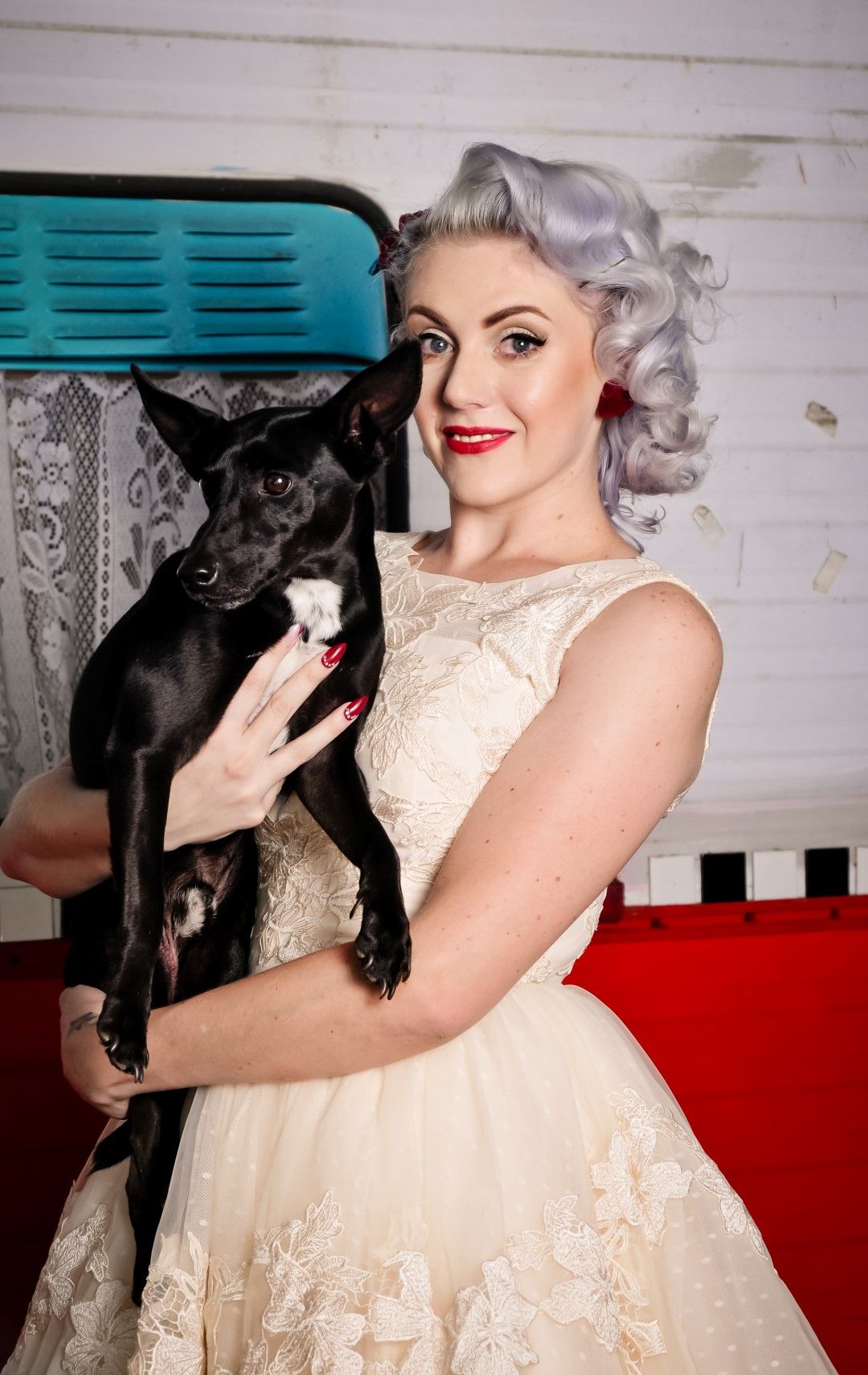 Marilyn Monroe inspired Pin Up girl  and Puppy posing for vintage photos in Johannesburg