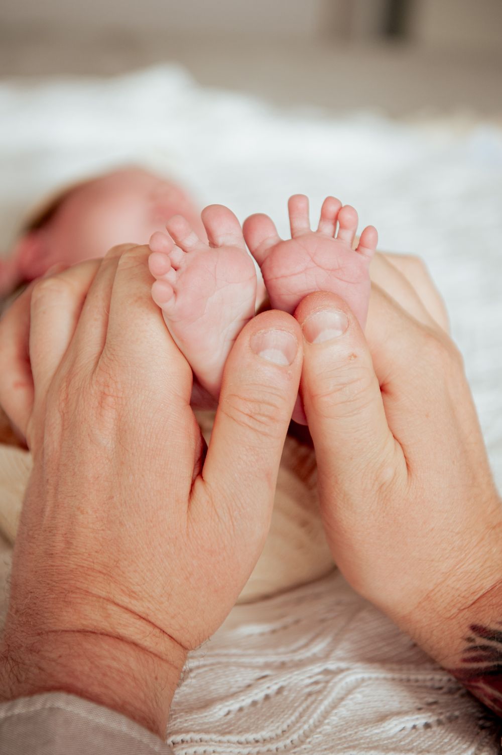 Close-up of adult hands gently cradling tiny baby feet against white fabric.
Altona Family Photographer Melbourne
