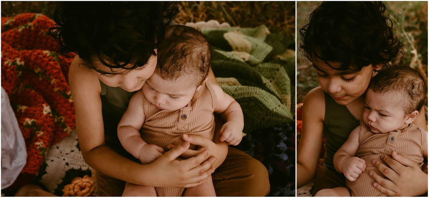 Two intimate close-up shots of a caregiver holding and bonding with an infant.