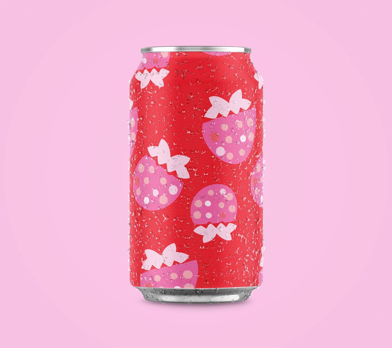 Red beverage cans with floral pattern designs displayed on pink surface.