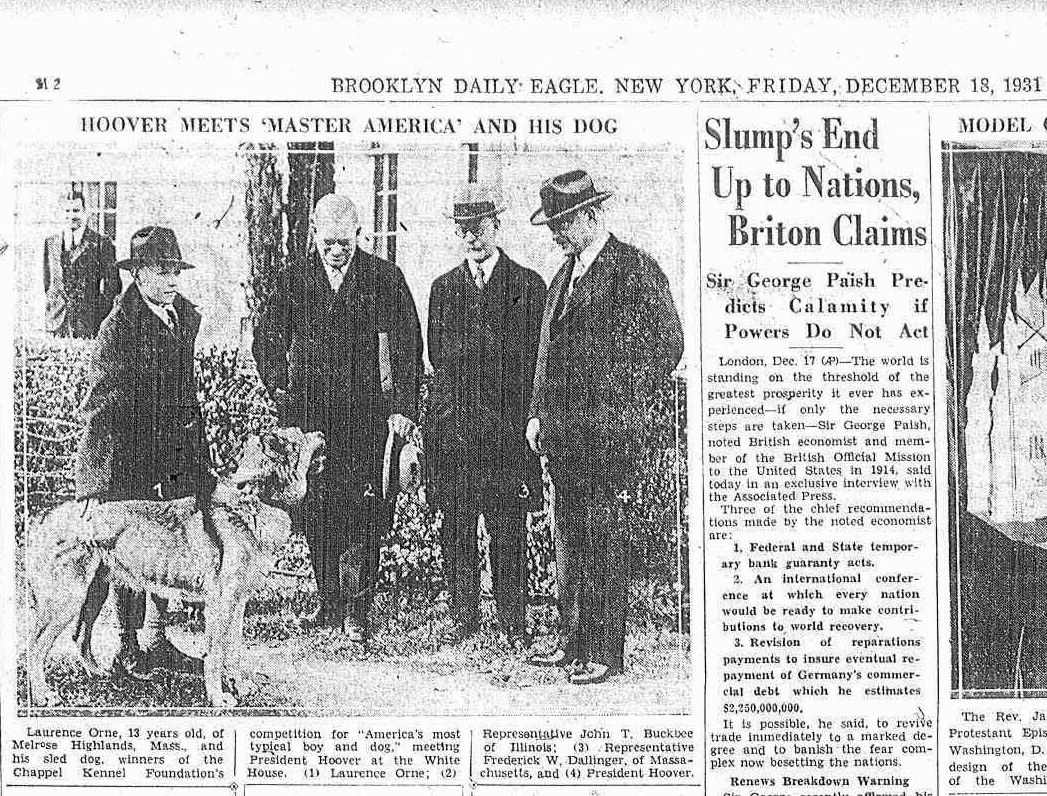 America's most typical boy and his dog, a Chinook named Paugus meet President Hoover in 1931.