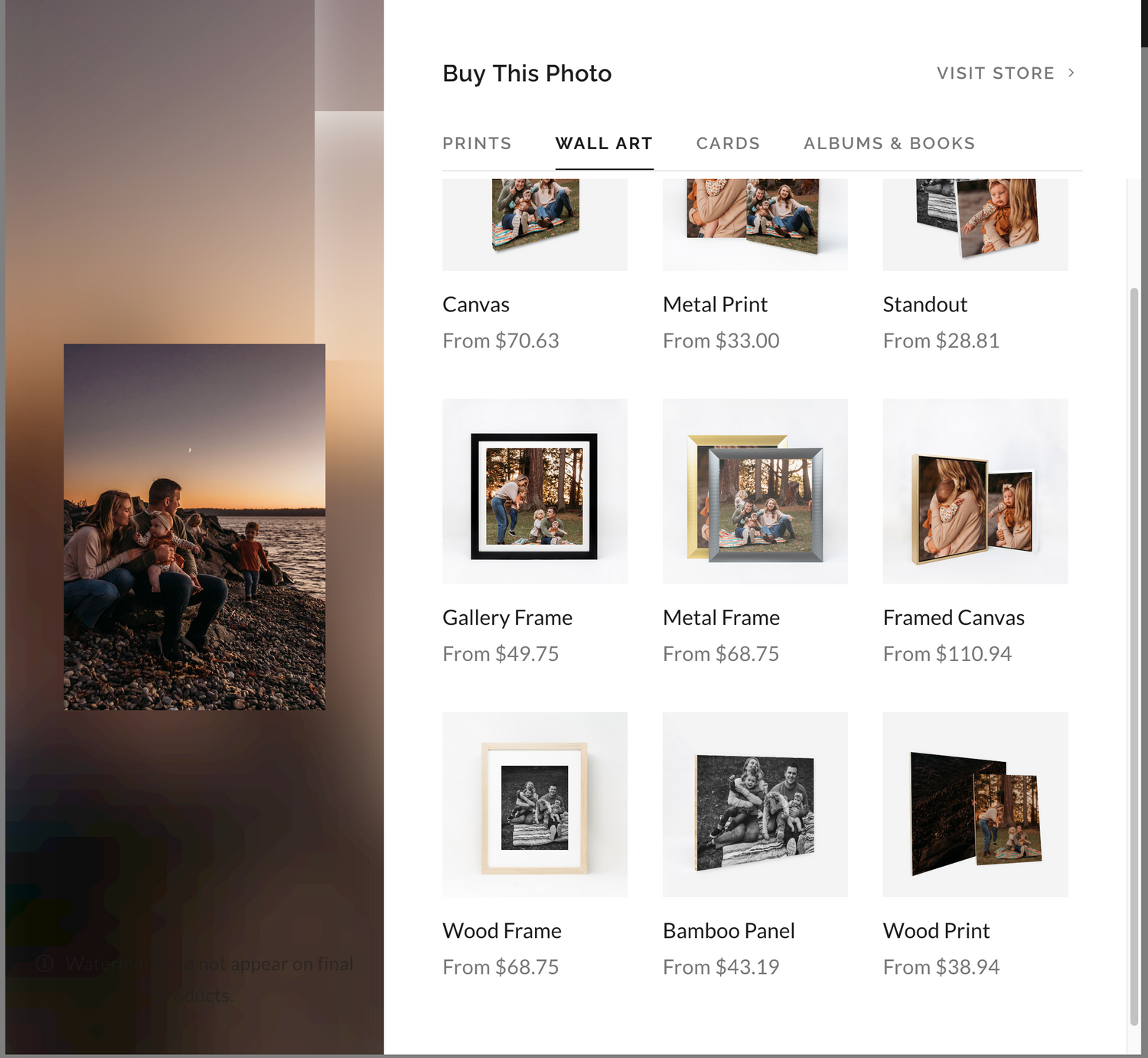Online photo print shop interface showing various framing options and prices.
