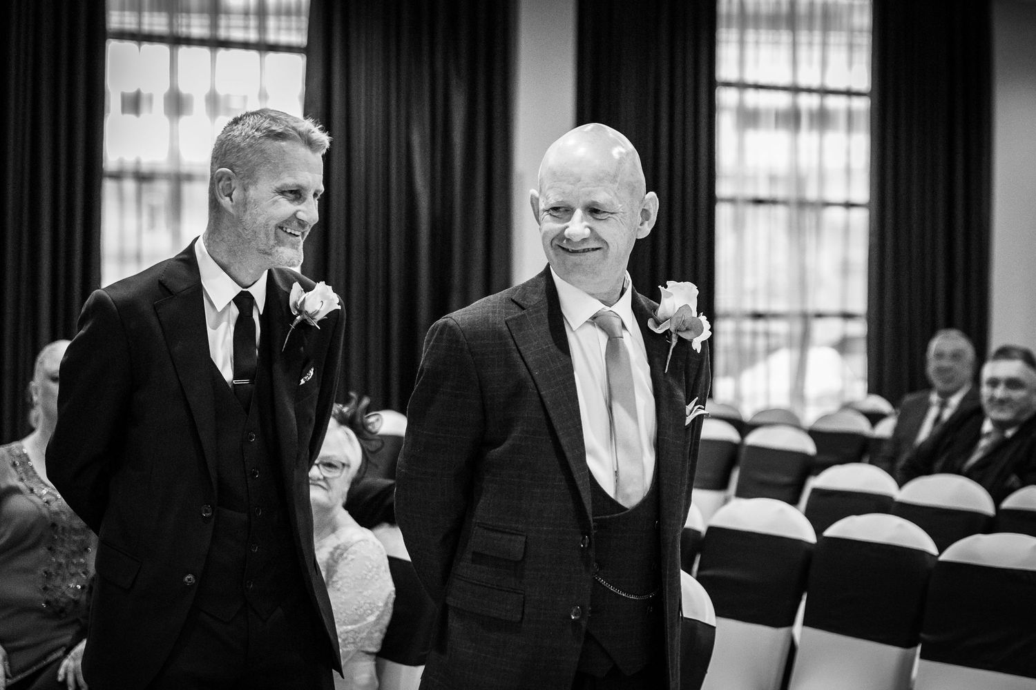 Graham and his best man wait for the bride to arrive at the Crowne Plaza Hotel Liverpool. Stuart Morris Photography