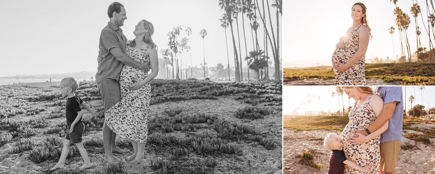 A coastal family photoshoot at sunset with tall palm trees in the background.