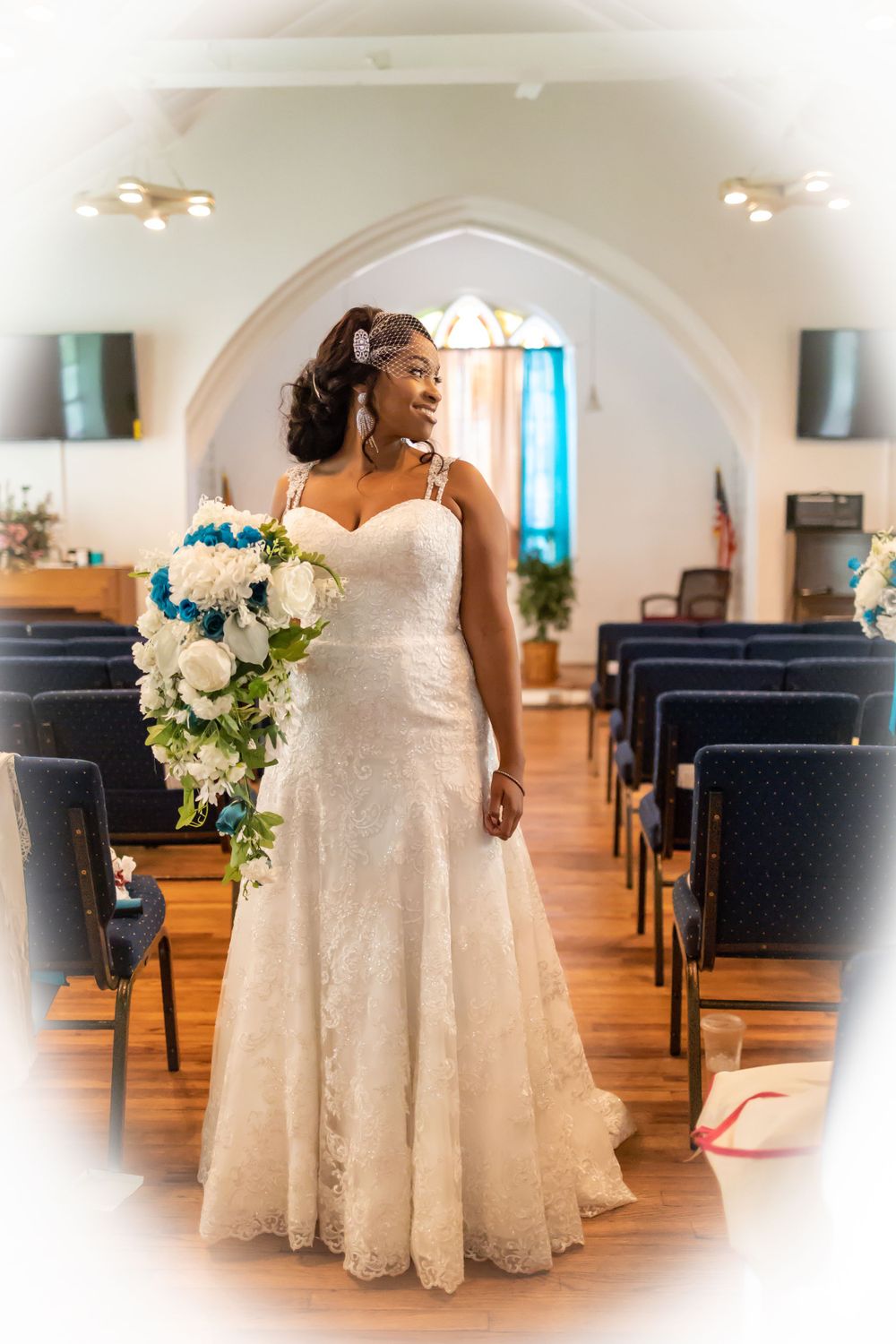 Captivating image of the bride gracefully looking to the side, her gaze filled with anticipation and elegance.