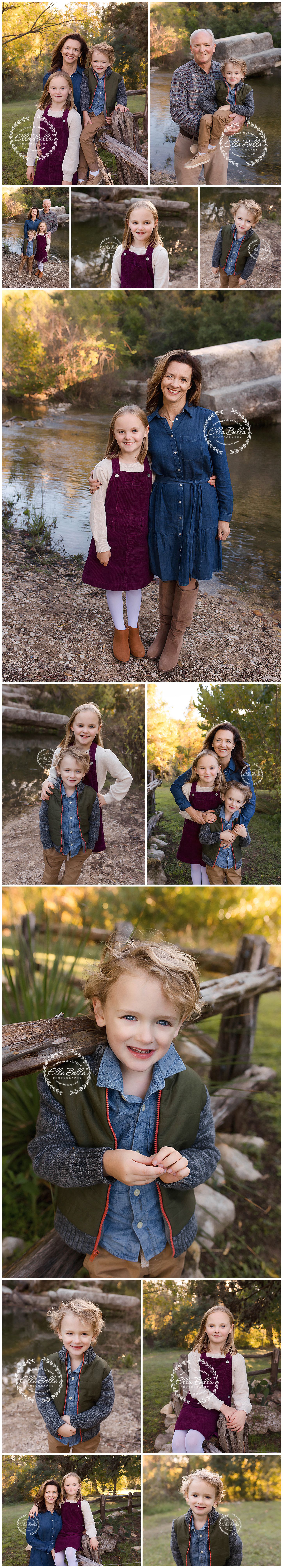 Multi-image family photo collage capturing outdoor moments by creek with fall foliage.
