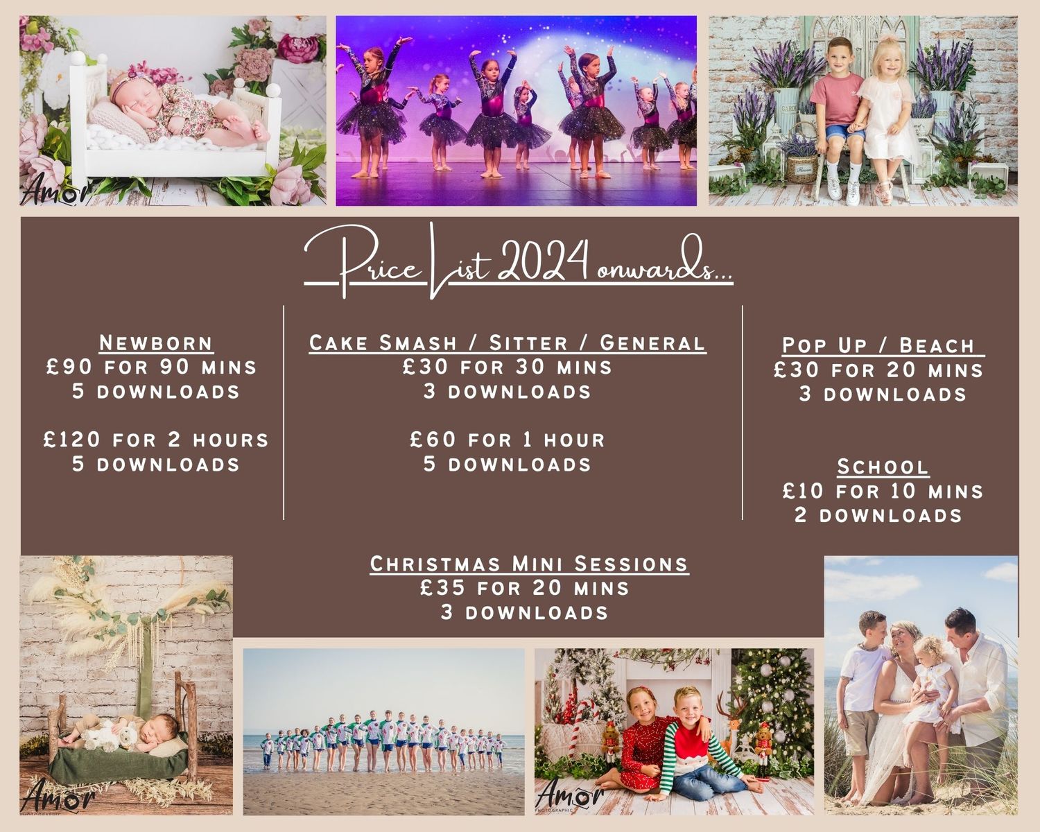 Photography price list grid showing various themed photo session options and rates.