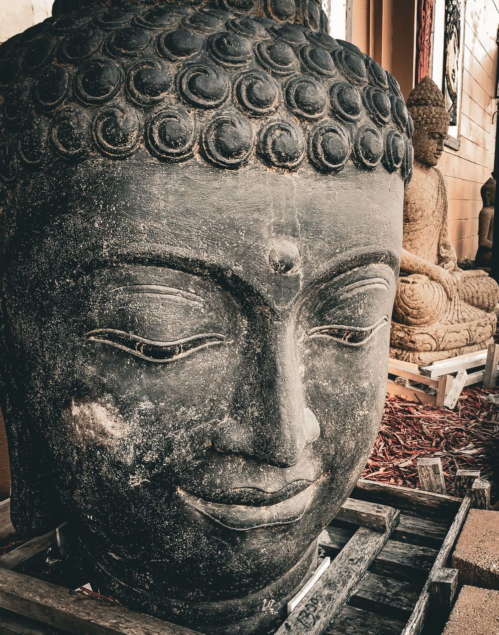 Close-up sequence of a weathered stone Buddha head statue showing expressions.