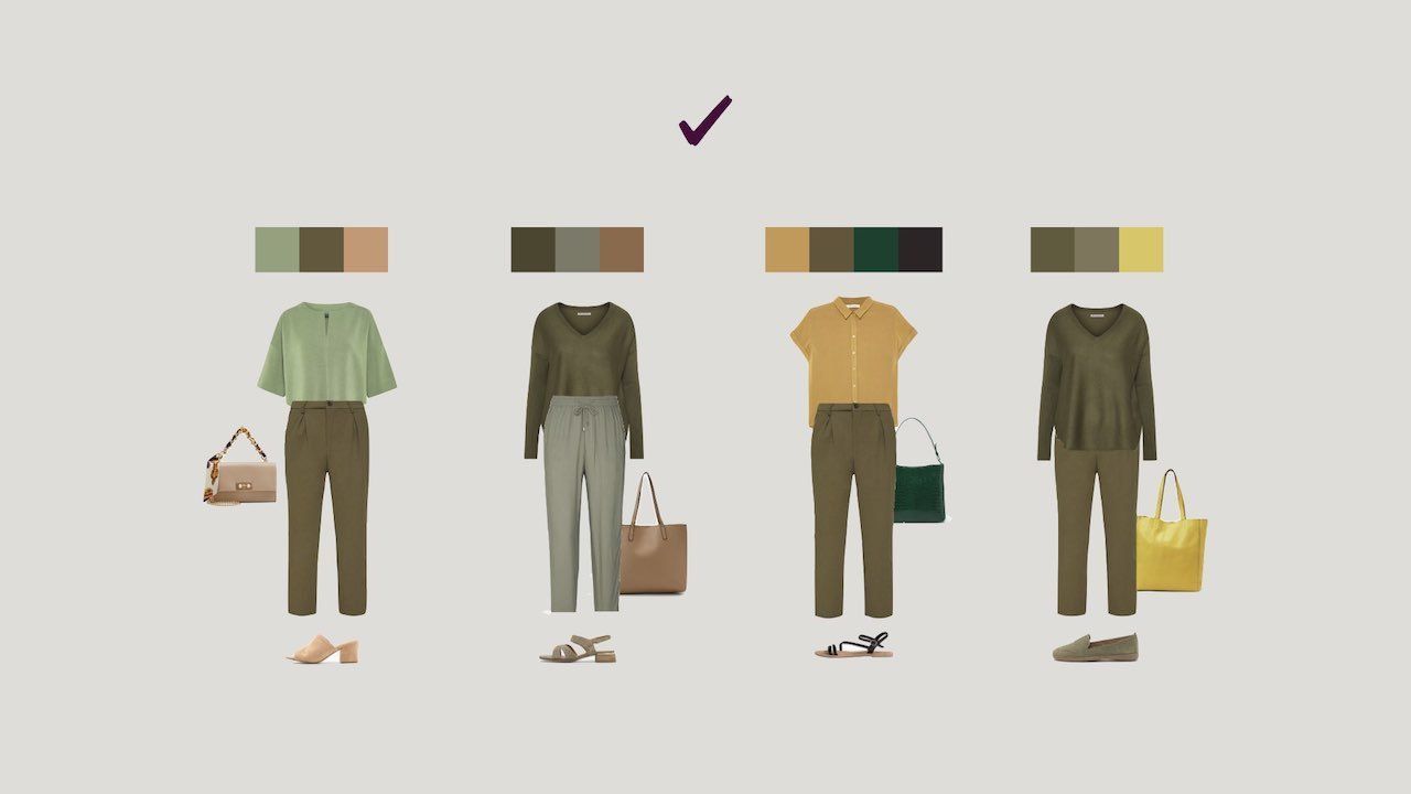 Four minimalist outfit combinations featuring earth-toned pants and coordinating accessories.