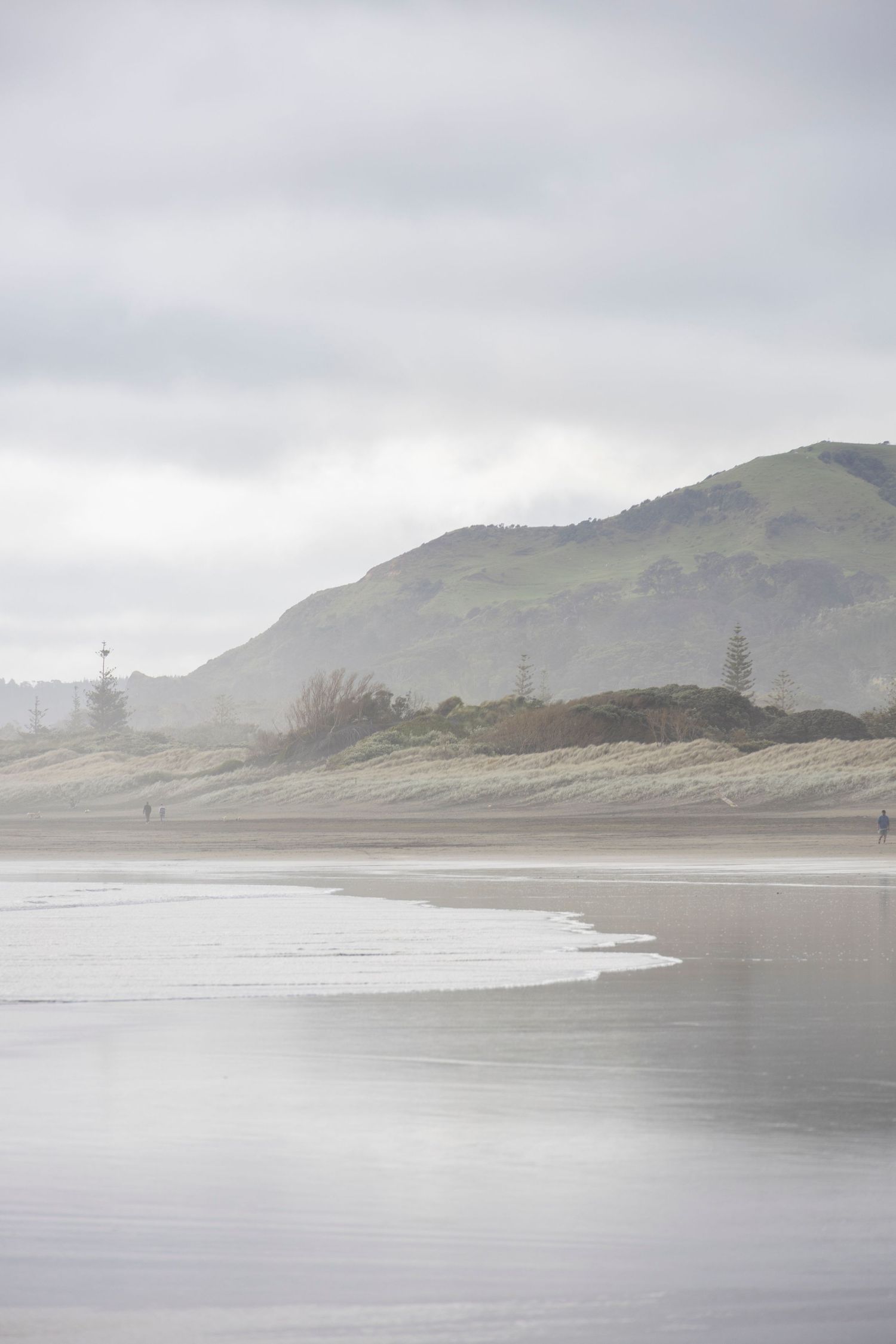 A misty, overcast beach with shallow water reflecting the sky, set against distant green hills and silhouetted trees.