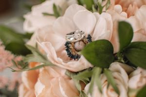 Delicate engagement and wedding rings nestled in soft pink roses with green foliage.