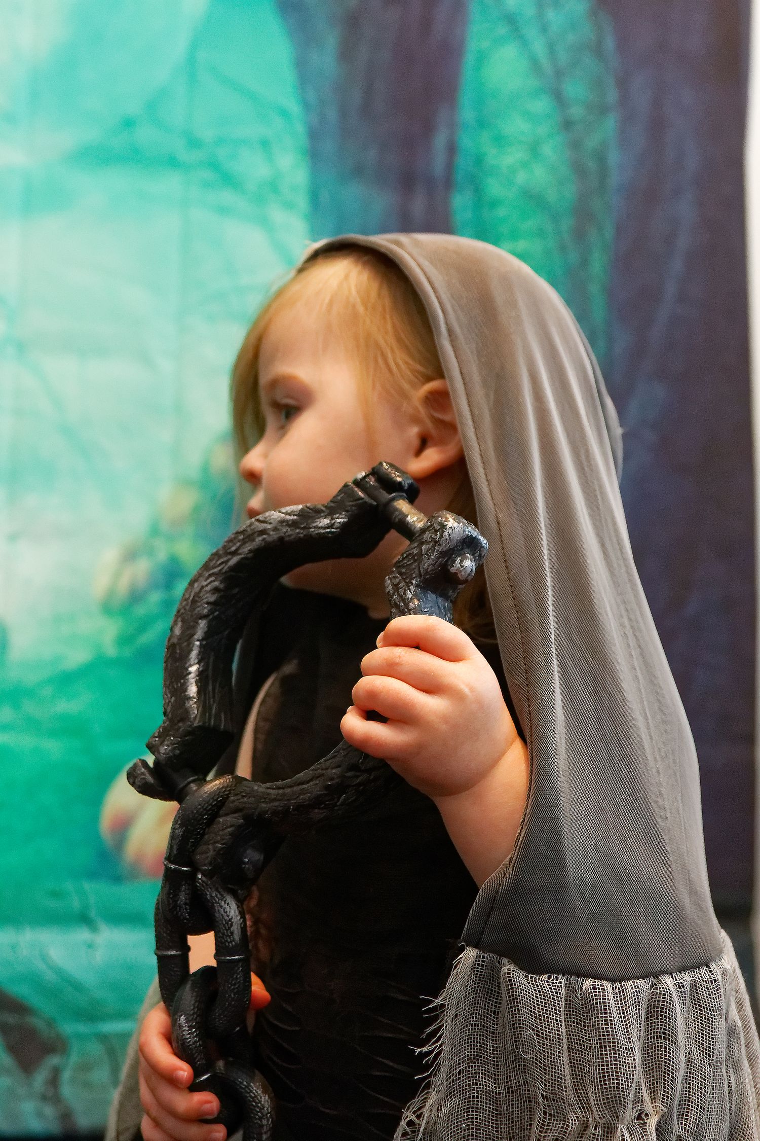 Child in gray hood cape holding a dark plush toy against a misty forest backdrop.