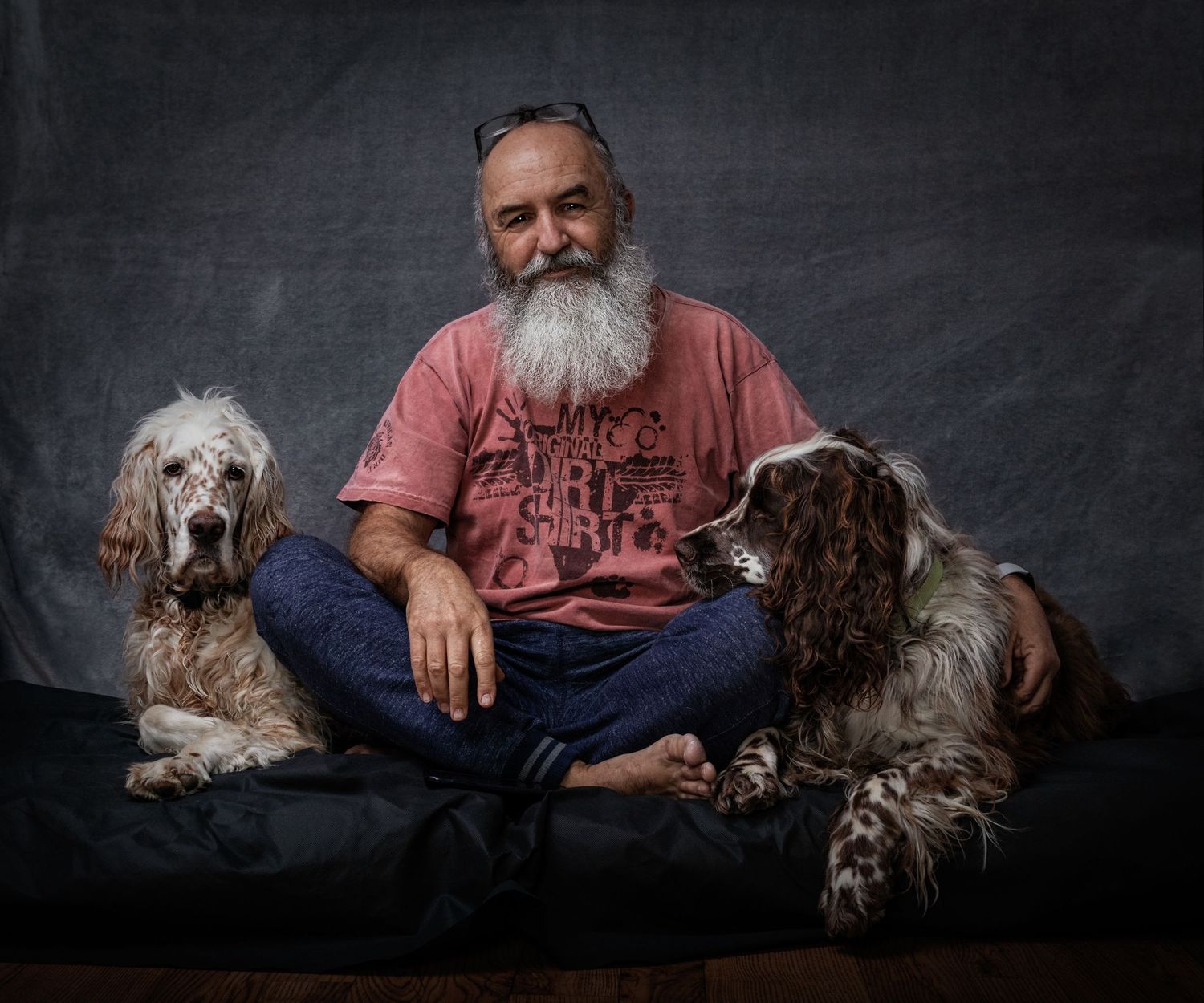 Photographer Tim Kemp with his dogs Huck & Tosh