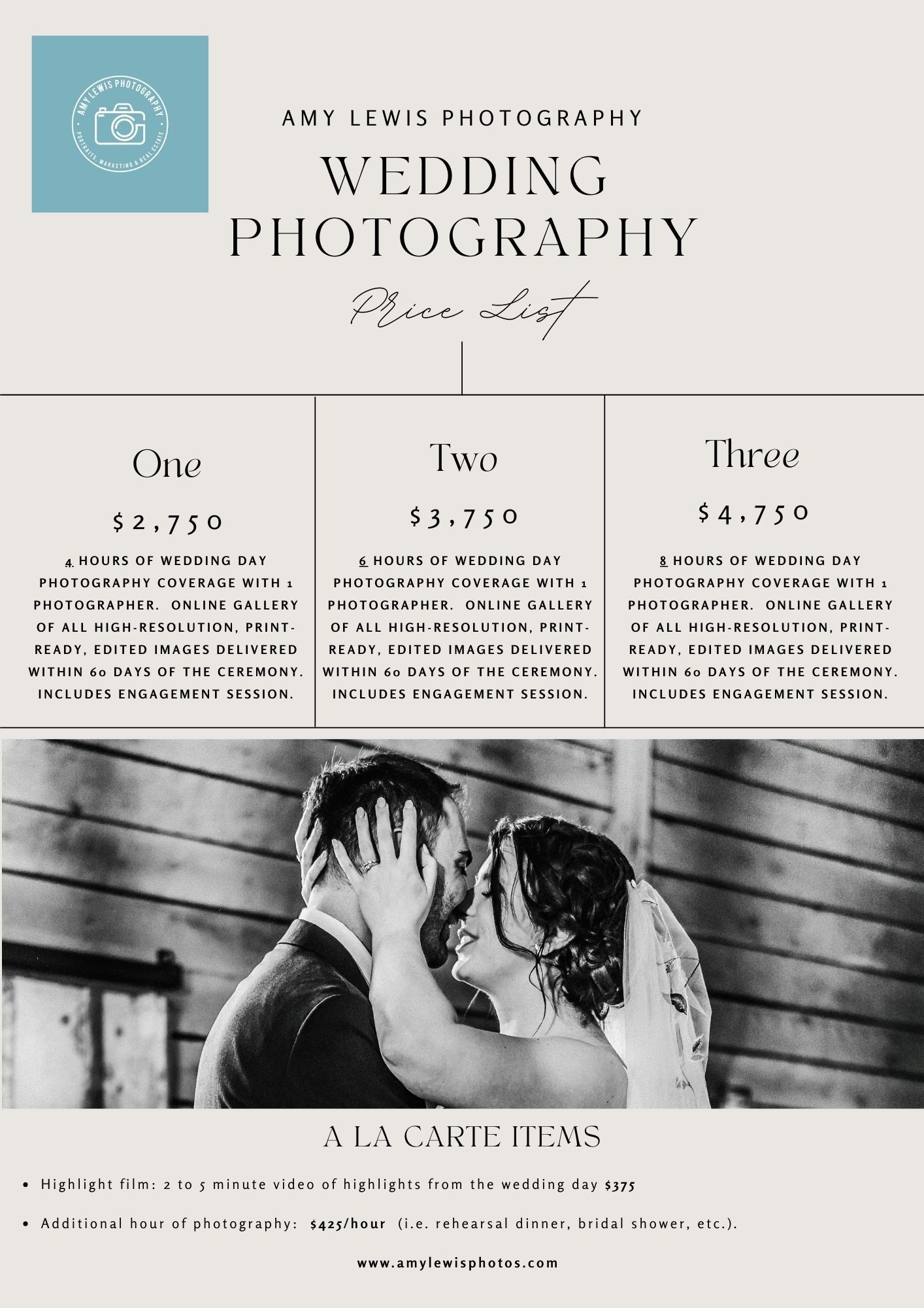 Information about wedding photography packages by Amy Lewis located in Southern Maine.