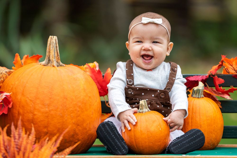 Orange County photographer captures Laughing baby girl sitting between pumpkins in fall autumn outdoor photo session.