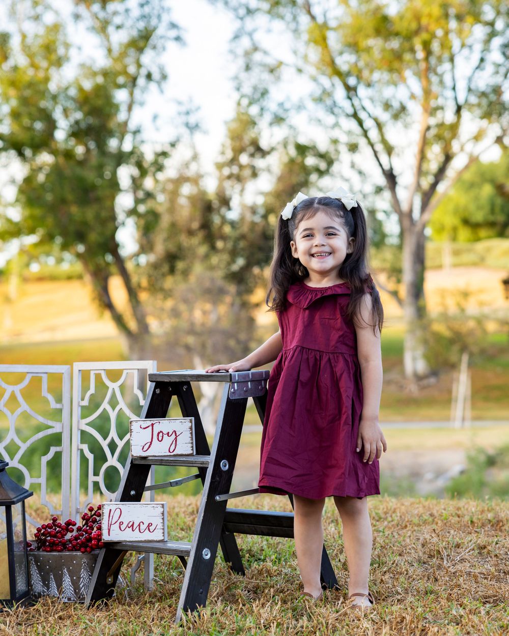 Orange County photographer captures Smiling little girl in burgundy dress standing beside a ladder with Joy and Peace signs in a sunny park.