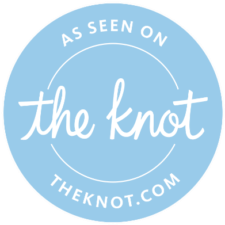 Light blue circular badge reading 'As Seen on The Knot' with website URL.