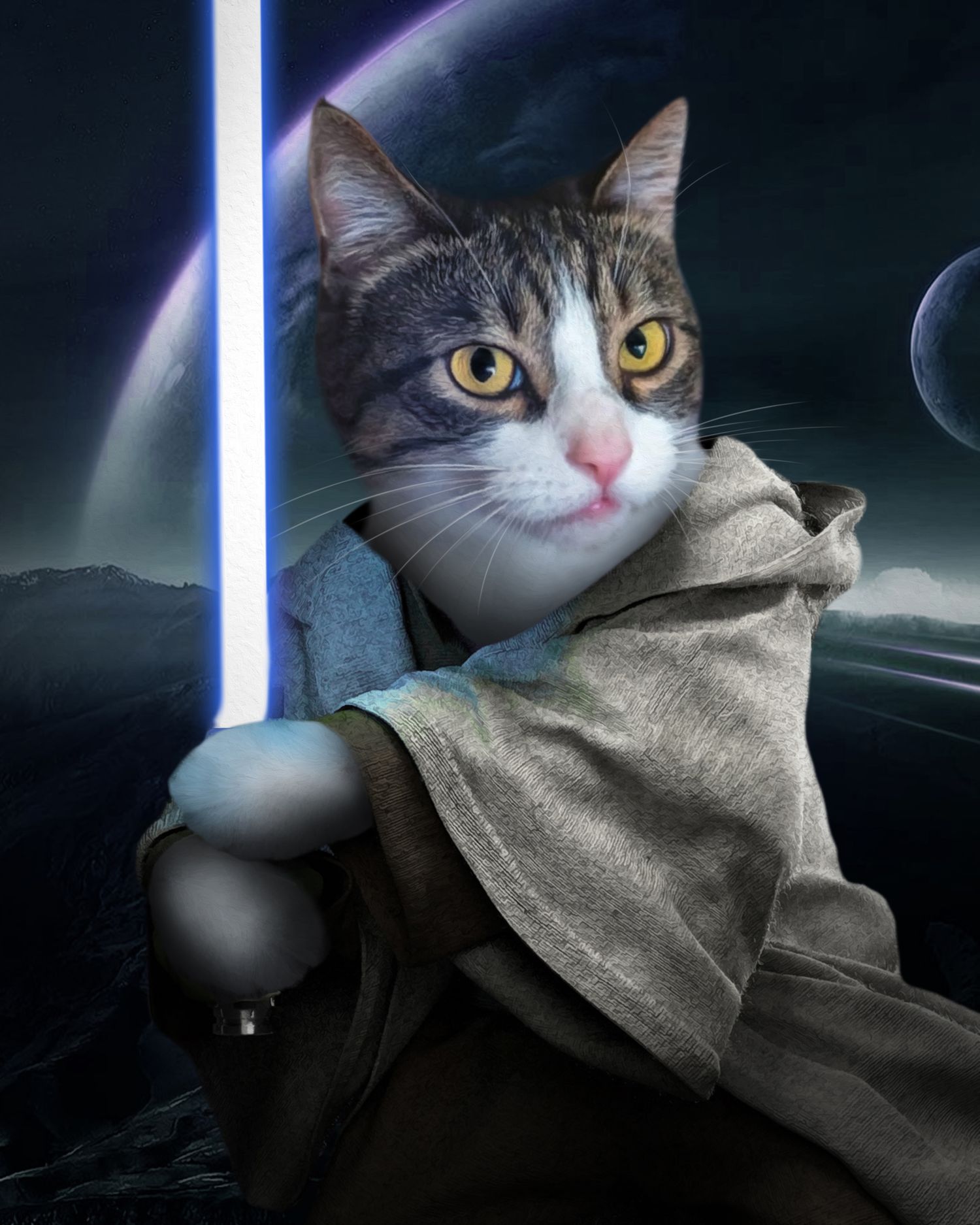 Cat in grey cloak poses with blue lightsaber against dark background in Star Wars style.