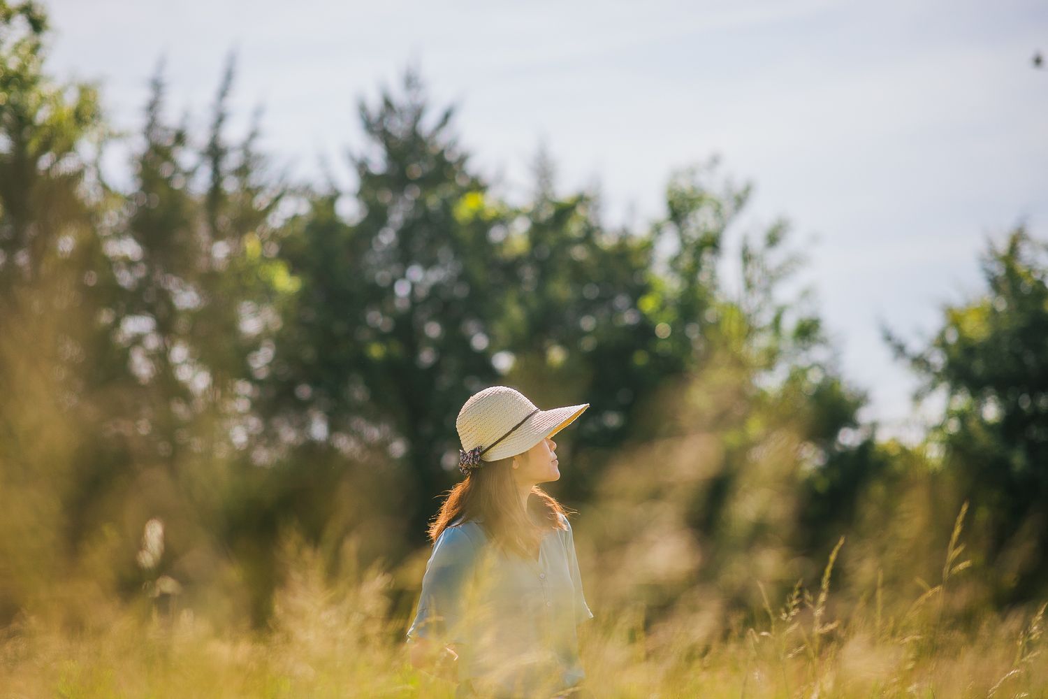 Silhouette of someone in a sunhat standing in a golden sunlit field.