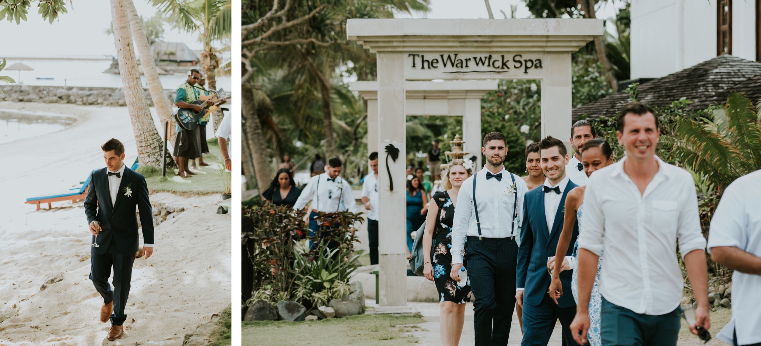 Wedding party members walking through a tropical garden archway near the beach.