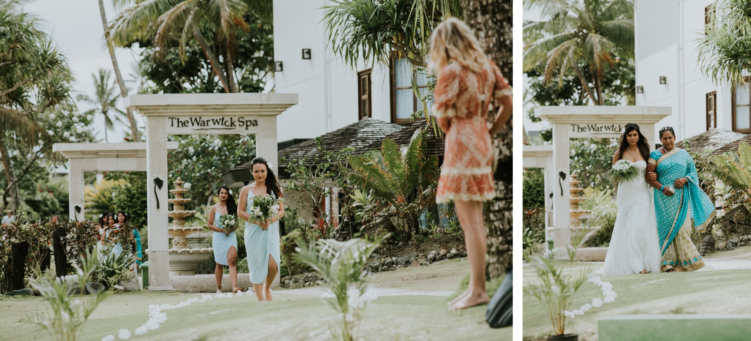 People posing playfully in front of white garden archways at a tropical venue.