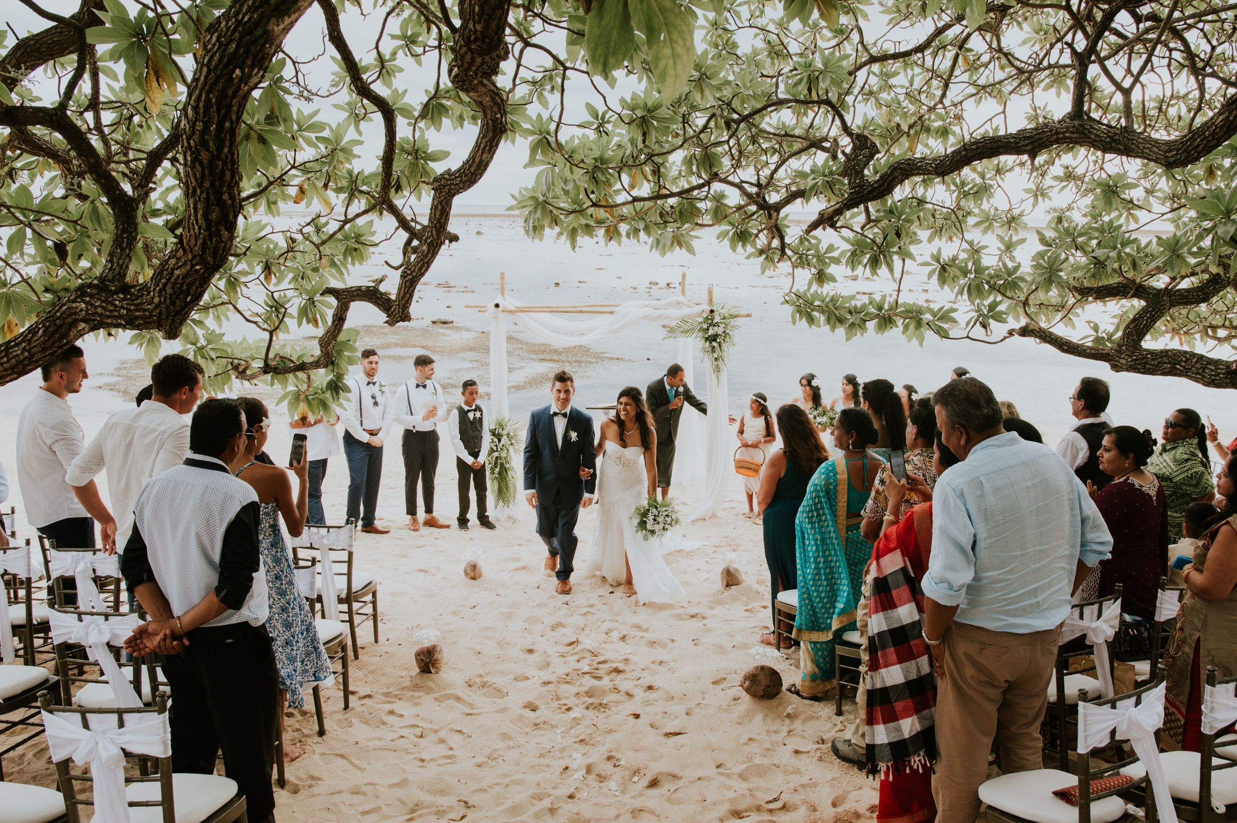 Wide view of beach wedding ceremony with standing guests and tropical tree canopy.
