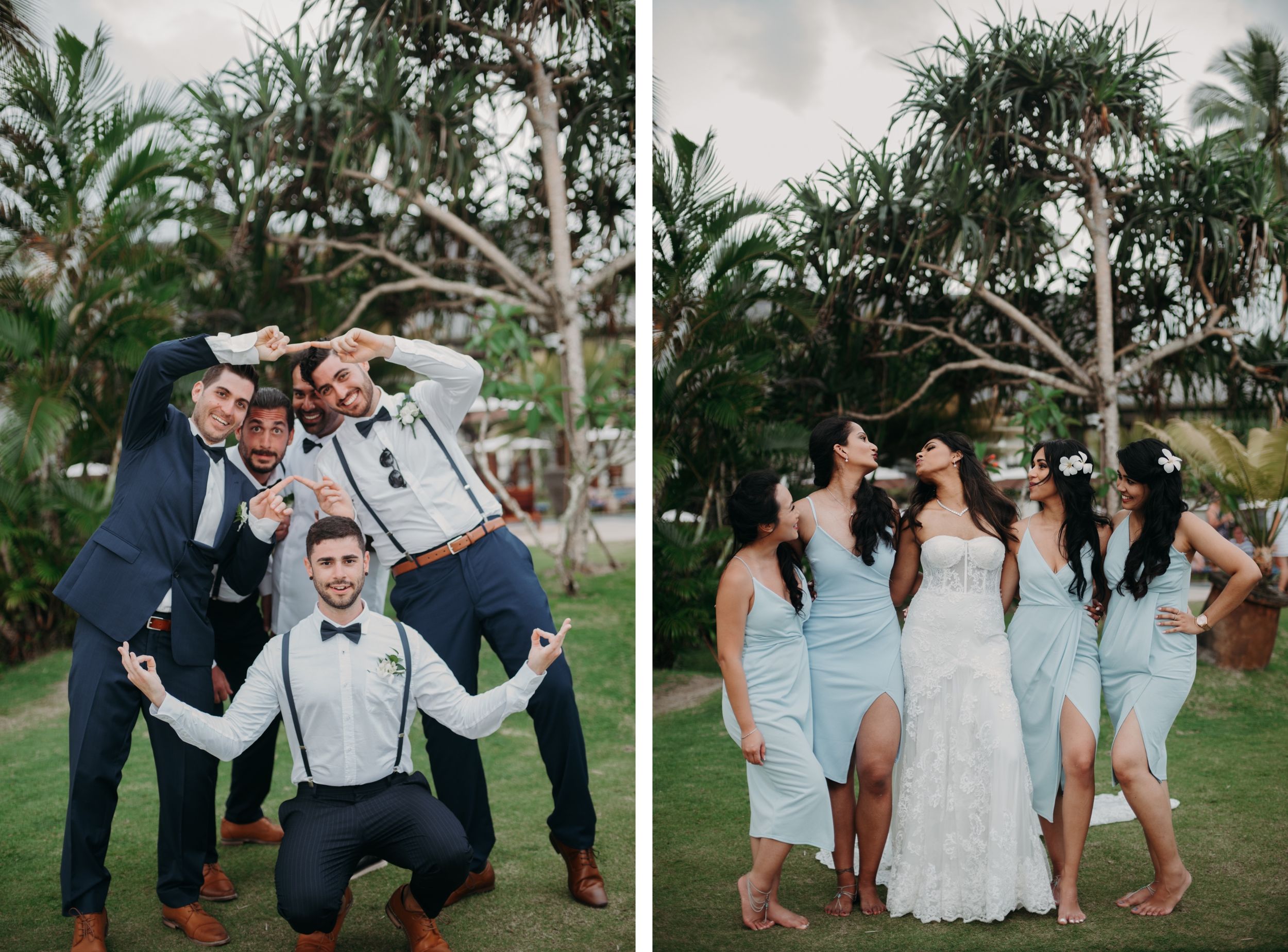 Side by side photos showing wedding party groups posing playfully outdoors.