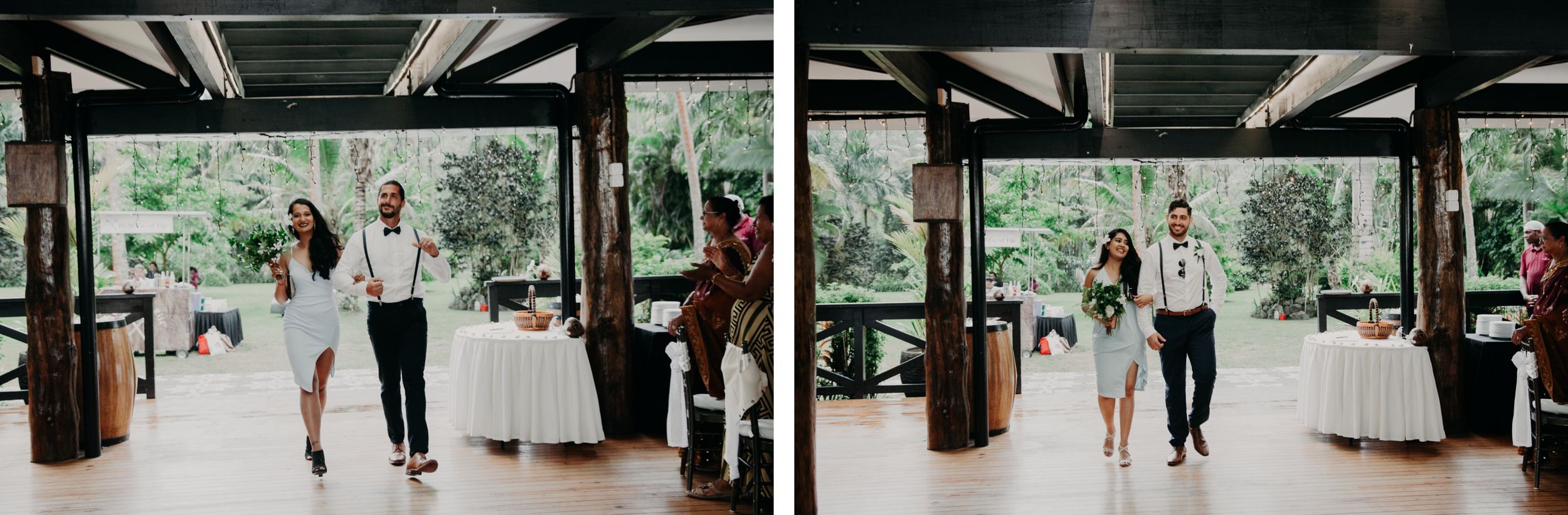 Indoor wedding venue with exposed beams and white decorations surrounded by lush tropical landscaping.
