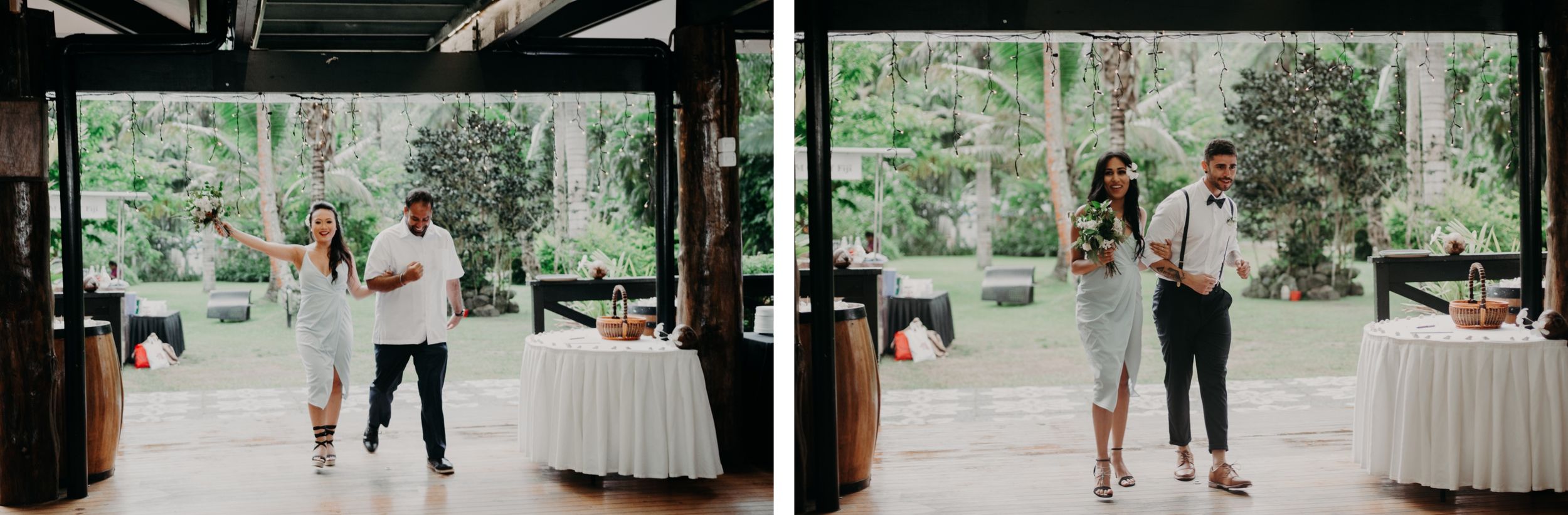 Wedding reception space with dark wooden beams and white tables set against a backdrop of tropical forest.